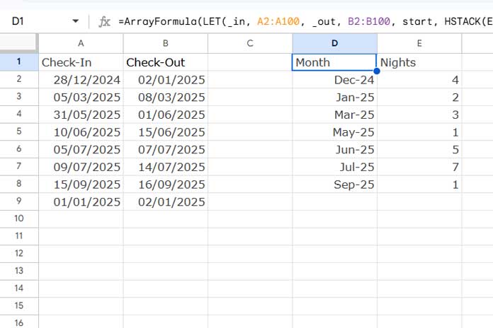 Calculating the number of nights in each month for multiple check-in and check-out date records in Google Sheets