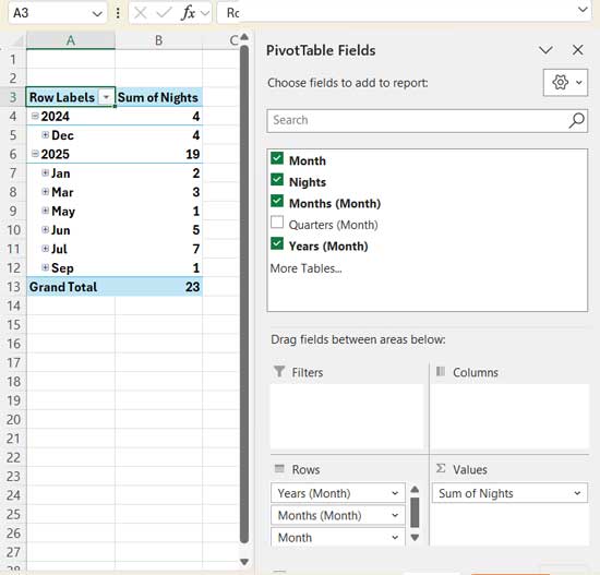 Calculate Nights in Each Month Using a Pivot Table (Summary in Excel)