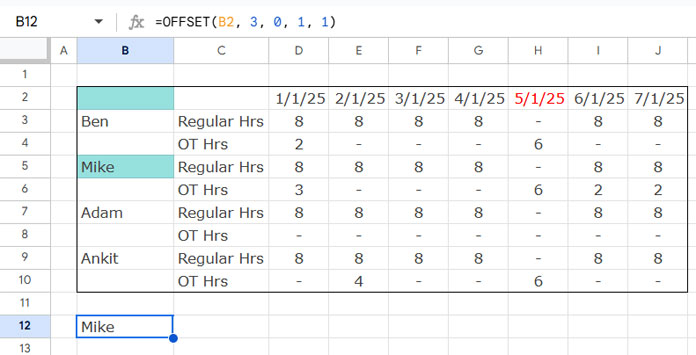 Example of using the OFFSET function in Google Sheets