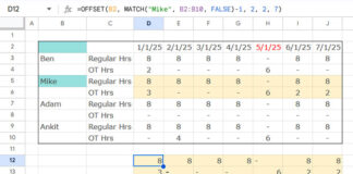 Example of using OFFSET and MATCH together in Google Sheets