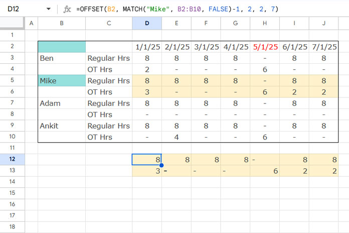 Example of using OFFSET and MATCH together in Google Sheets