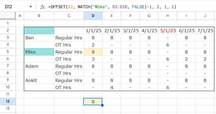 Using OFFSET to match a value and return a value from another column in Google Sheets