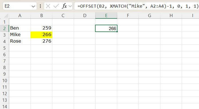 Using XMATCH function to offset rows in Excel