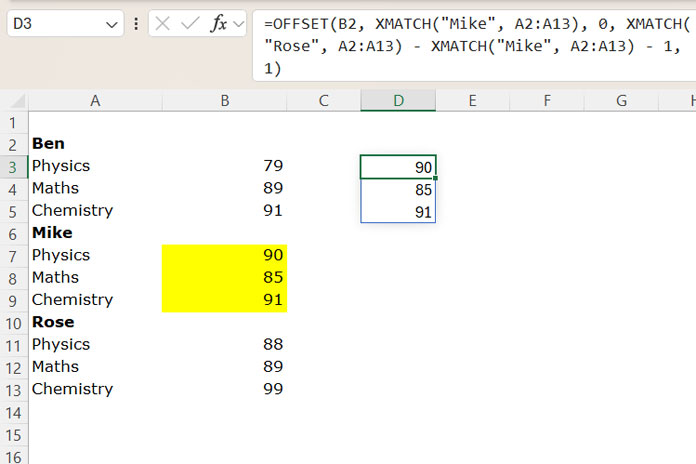 Using OFFSET and XMATCH functions to extract values between two distinct values in Excel