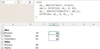 Using OFFSET and XMATCH functions to extract values between one distinct value and another duplicate value in Excel