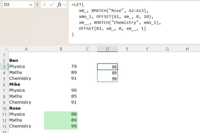 Using OFFSET and XMATCH functions to extract values between one distinct value and another duplicate value in Excel