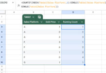 Example of a running count calculated using structured table references in Google Sheets