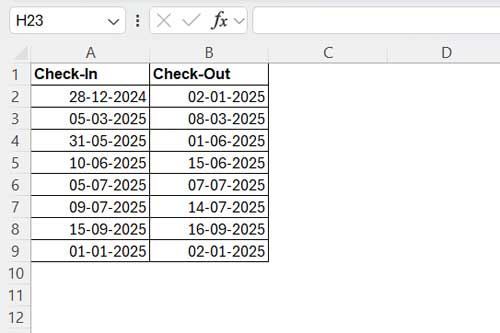 Sample Data for Check-in and Check-out Dates in Excel