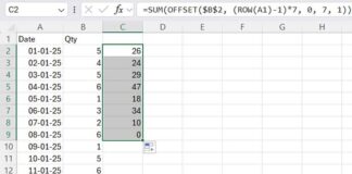 Example of summing every 7 rows in Excel using a drag-down formula