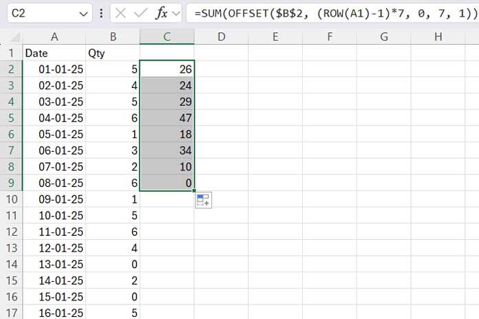 Example of summing every 7 rows in Excel using a drag-down formula