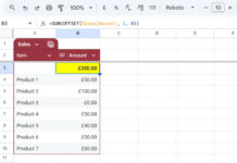 Example of Column Total in the First Row of a Structured Table in Google Sheets