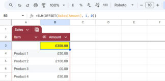 Example of Column Total in the First Row of a Structured Table in Google Sheets