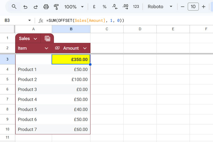 Example of Column Total in the First Row of a Structured Table in Google Sheets