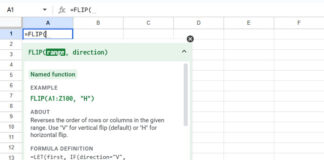 FLIP Function Preview: Syntax and Description in Google Sheets