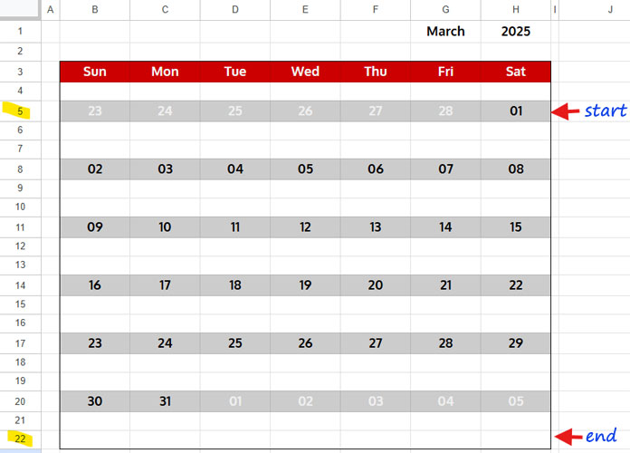 Example of a calendar in a grid layout