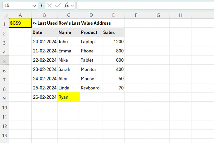 Finding the Cell Address of the Last Value in the Last Used Row in Excel