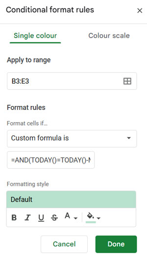 Conditional formatting settings to cycle highlights across a row in Google Sheets.