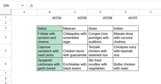 Example of cycling highlights in Google Sheets for entire columns