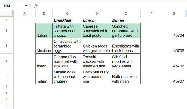 Example of cycling highlights in Google Sheets for entire rows