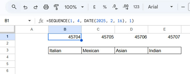 4-day sequence of dates across the row in Google Sheets