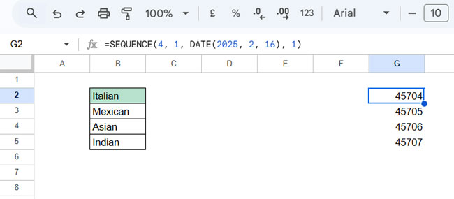 4-day sequence of dates down the column in Google Sheets