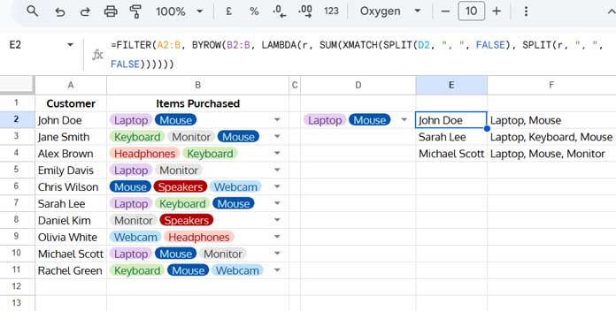 Example of filtering rows with multiple selected drop-down chips using AND criteria