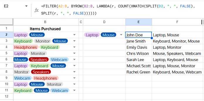 Example of filtering rows with multiple selected drop-down chips using OR criteria