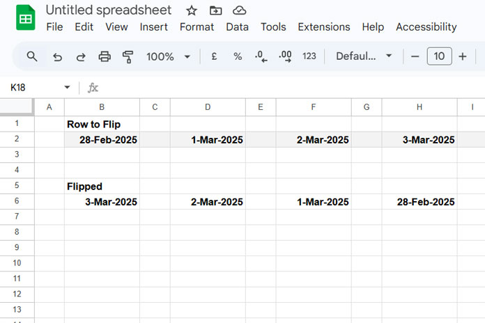 Flip a Row in Google Sheets Using a Formula