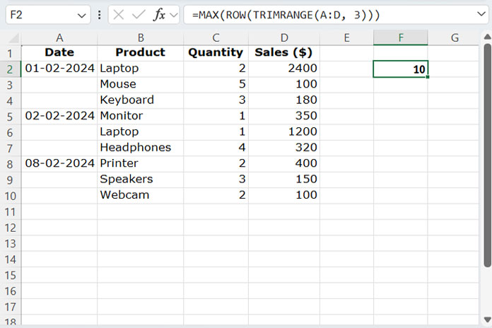 Example of how to find the last used row number in Excel