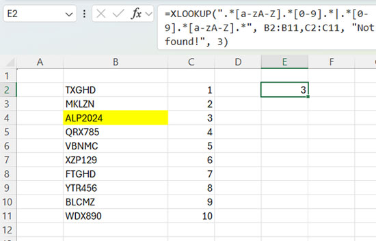 XLOOKUP with Match Mode 3 for Alphanumeric Search Key Lookup in Excel