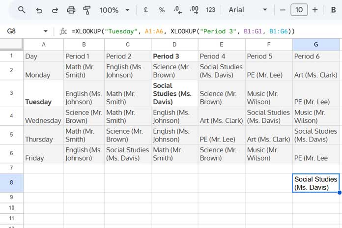 Example of Two-Way XLOOKUP in Google Sheets for Vertical and Horizontal Lookup