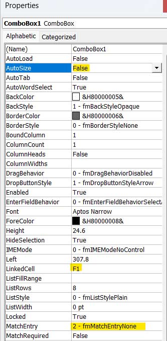 Configuring Combo Box properties for filter as you type in Excel