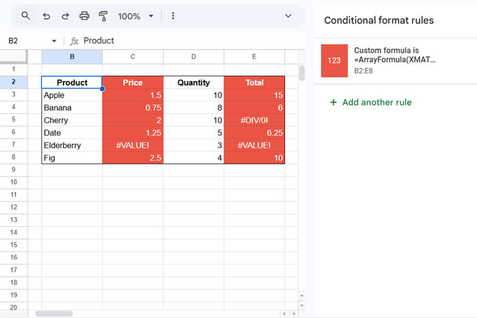 Multiple columns highlighted in Google Sheets where errors are present