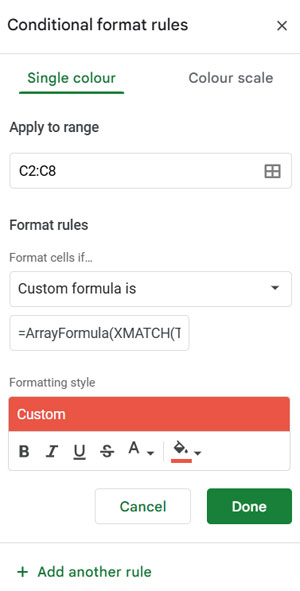 Conditional formatting settings to highlight a column with errors in Google Sheets