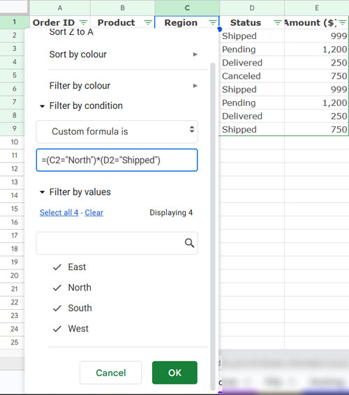 Applying a custom formula to filter multiple columns in Google Sheets