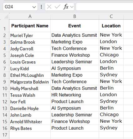 Sample dataset for real-time filtering in Excel