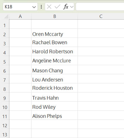 Sample list of names for sorting by last name in Excel