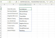 Example of sorting names in ascending order by last name in Excel