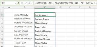 Example of sorting names in ascending order by last name in Excel