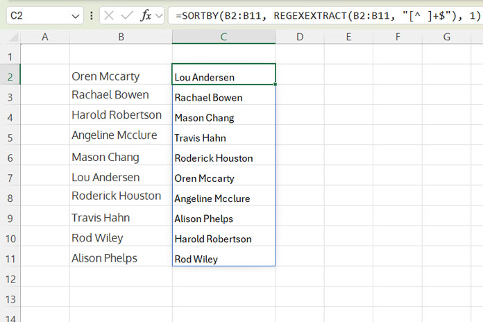 Example of sorting names in ascending order by last name in Excel