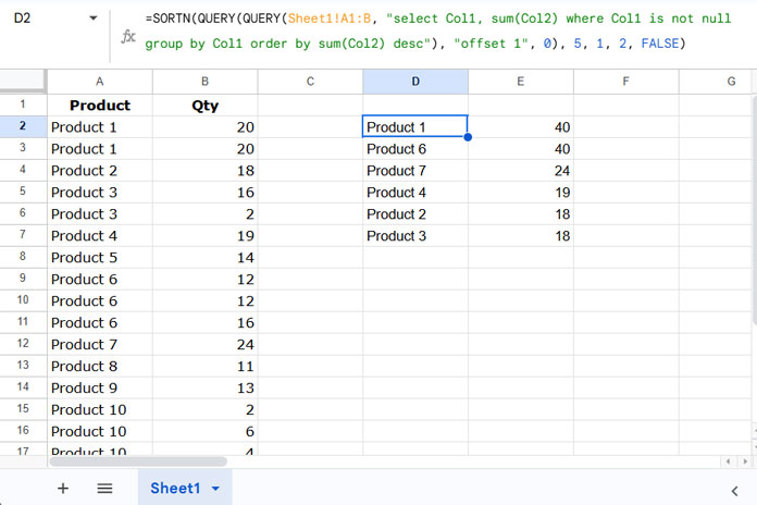 Extract top N from query aggregation results in Google Sheets