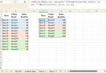 Filtered results showing the top N T-shirt brands per store in Excel using the FILTER and COUNTIFS functions