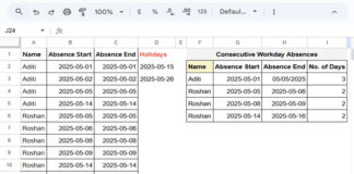 Count consecutive workday absences in Google Sheets using a formula that skips weekends and holidays