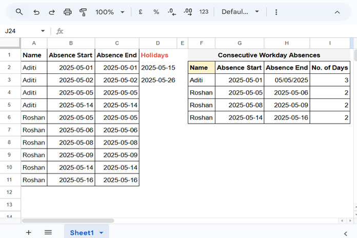 Count consecutive workday absences in Google Sheets using a formula that skips weekends and holidays