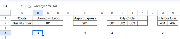 Example showing the count of merged cells in a row in Google Sheets using a formula