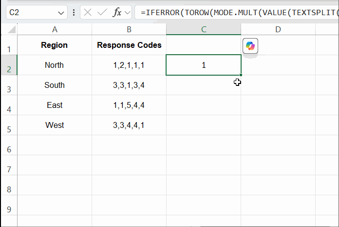 Example of drag-down formula to find the mode of comma-separated numbers in Excel using MODE.MULT and TEXTSPLIT
