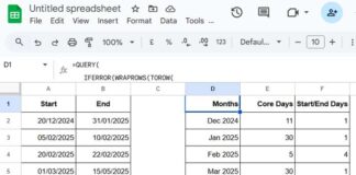 Calculating trip duration by month from a list of start and end dates in Google Sheets