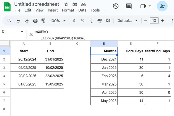 Calculating trip duration by month from a list of start and end dates in Google Sheets