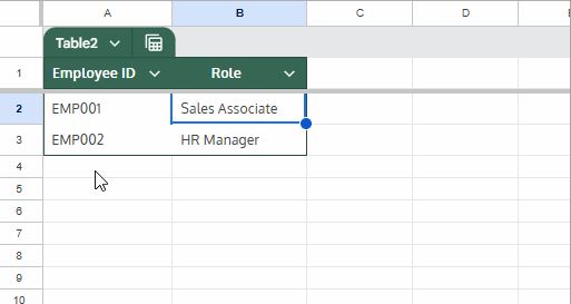 Structured table showing Employee IDs and roles in Google Sheets using XLOOKUP