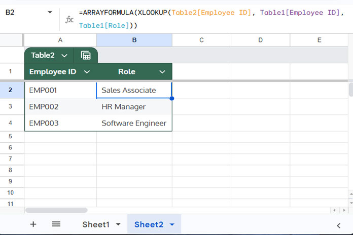 Using ARRAYFORMULA with XLOOKUP to apply lookup to entire structured column in Google Sheets